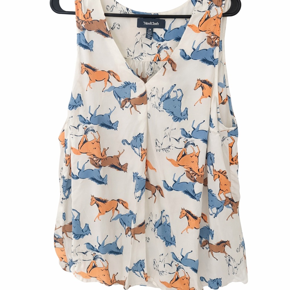Modcloth Women's Blouse with Horse Print - White and Blue